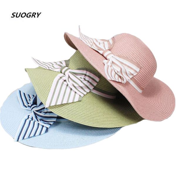

suogry 2020 new fashion flat sun hat women's summer bow jazz straw hats for women beach headwear 6 colors chapeau caps gift, Blue;gray