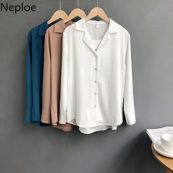 

neploe korean style blouse women notched solid single-breasted blusas mujer 2020 spring summer temperament long sleeve shirt, White