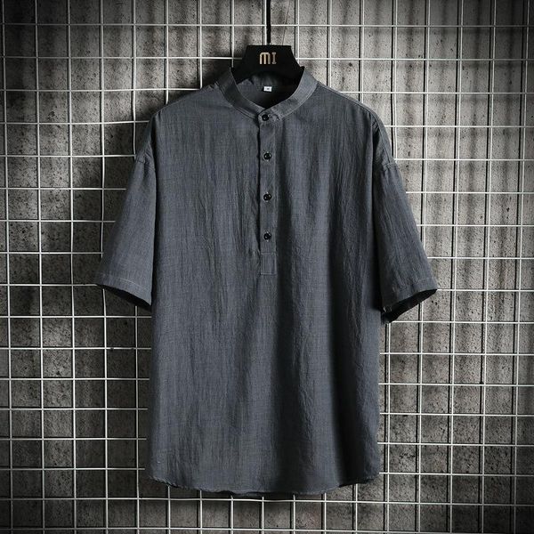 

korean style mandarin stand collar men shirt cotton linen breathable solid color t-shirt short sleeve button loose casual tees, White;black