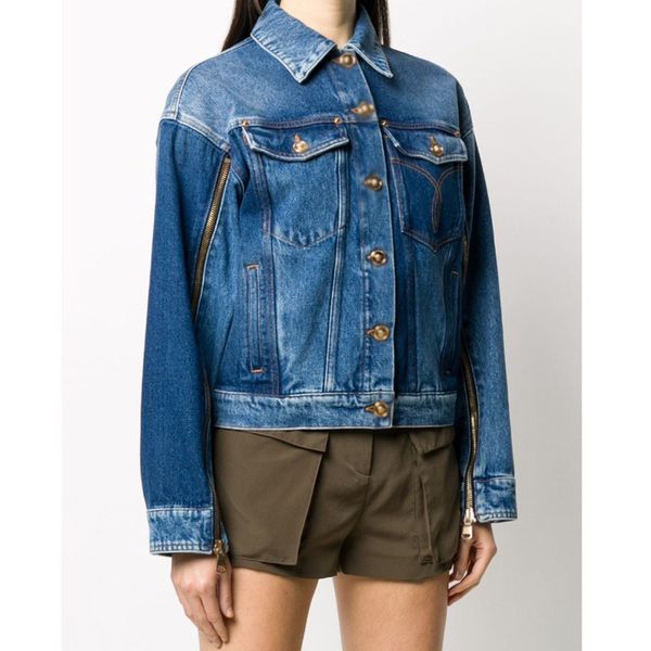 

women's jackets 7.13 early autumn 2021 ladies fashion casual cuffs zipper pocket embroidery washed spliced short denim jacket, Black;brown