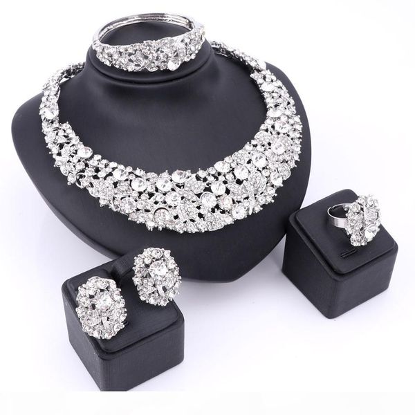 

trendy jewelry sets for women wedding bridal party imitated crystal silveplated pendant lady costume statement necklace earrings, Slivery;golden