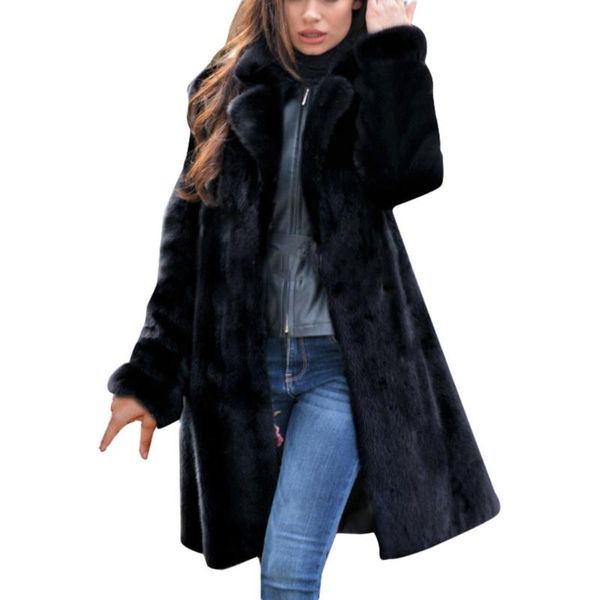 

solid long faux fur coat women warm faux fur coat thick jacket long outerwear autumn winter fluffy female manteau femme, Black