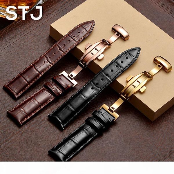 

stj calfskin leather watchband sized in 16mm 18mm 19mm 20mm 21mm 22mm watch band with butterfly buckle for watch strap, Black;brown