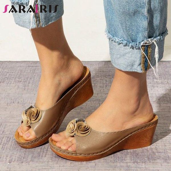 

sarairis elegant platform flowers slides women comfy slip-on heeled summer slippers ladies wedges shoes, Black