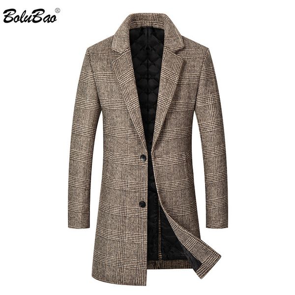

bolubao quality brand men plaid wool blend coat men casual woolen coats winter warm thick long wool overcoat male, Black