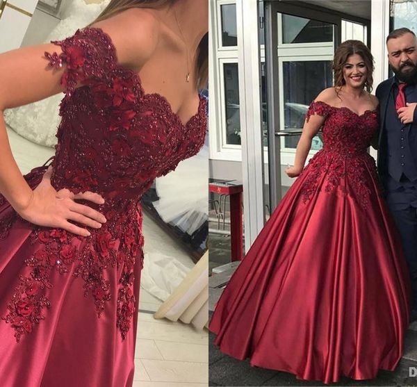 

2020 Plus Size Formal Quinceanera Dresses Ball Gown Burgundy Off Shoulder Sweetheart Lace Applique Beading Sweet 16 Satin Prom Evening Gowns