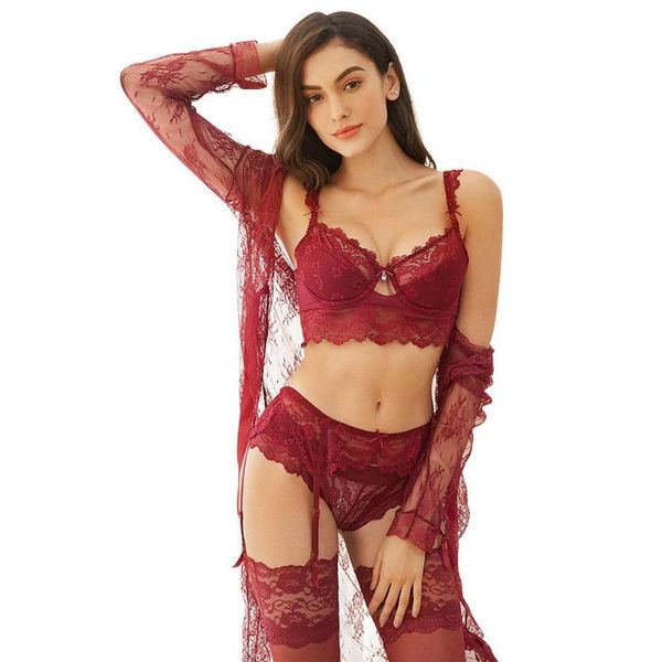 

cyhwr lace underwear set robe+bra+ panties+ stockings +y-line straps +thong 7 piece for lady, Red;black