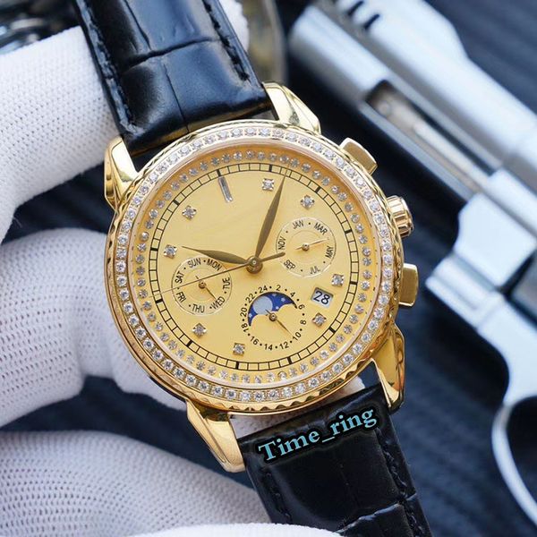 

version 5147g-001 moon phase date dial rose gold diamond case 9100 multifunctional automatic movement mens watch leather strap watches, Slivery;brown