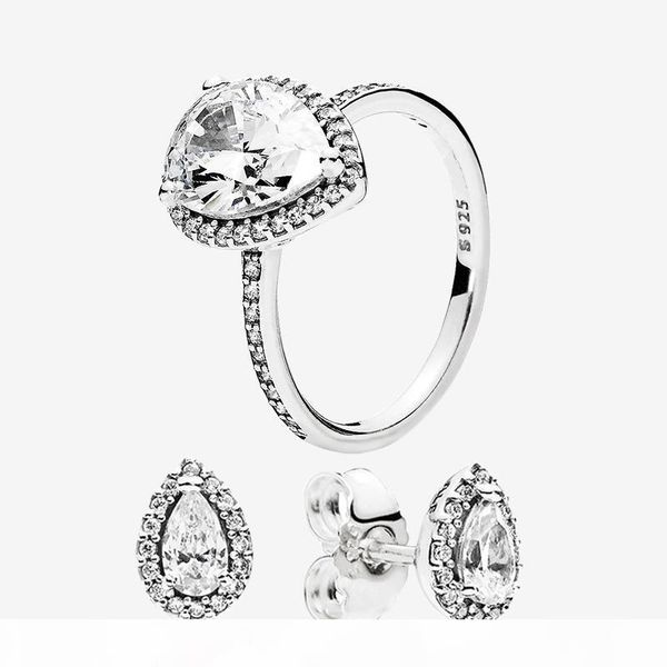 

authentic 925 silver teardrop ring and earring sets original box for designer cz diamond women wedding jewelry tear drop ring stud earring, Slivery;golden