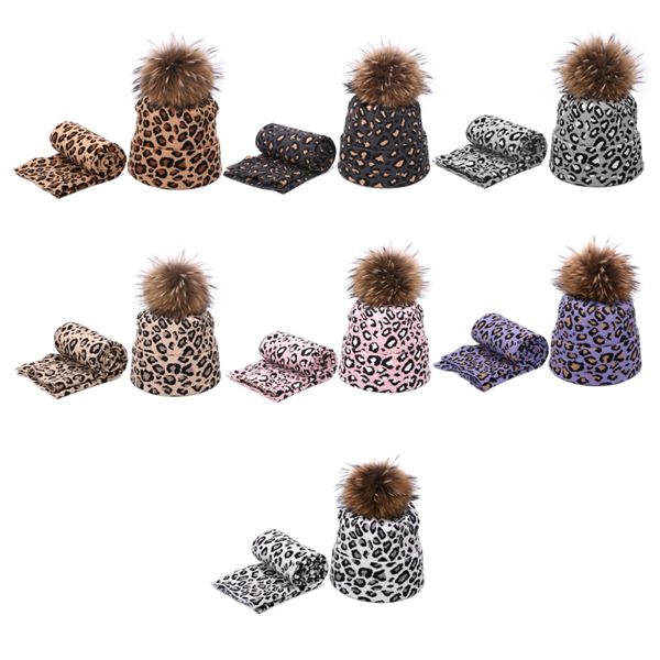 

2pcs winter women pompon beanie hat scarf set leopard spots outdoor warm faux fur pom pom hedging caps for girls, Blue;gray