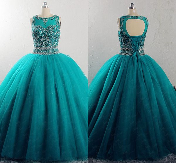 Pérolas de prata Aqua azul tulle vestidos de baile de baile vestidos de Quinceanera 2021 grande Beading Barco decote Keyhole Back Corset Backless Party Dress