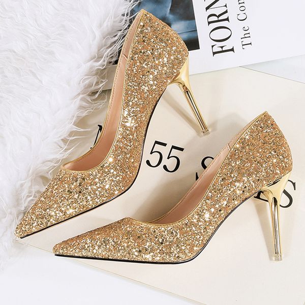 

2020 women pumps glitter sequins shoes woman gold silver 9cm high heels party queen cinderella scarpins sparkly prom shoes, Black