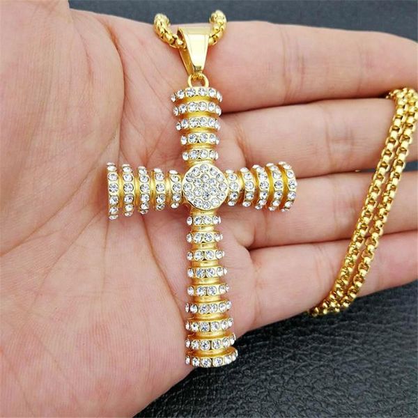 

vintage christian jesus cross pendant necklace for men gold color stainless steel iced out full rhinestones bling jewelry, Silver