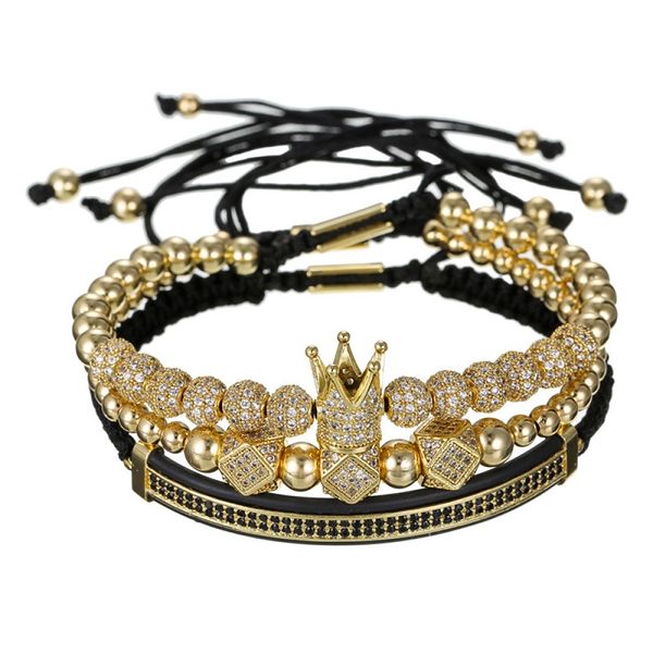 

hip hop couple crown beads bracelet set cubic micro pave cz ball charm braided retro bangle men 3pcs/set vintage jewelry pulseira, Golden;silver