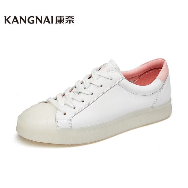 

kangnai female genuine leather casual shoes sneakers flats woman comfortable shoes solid color lace up softwear, Black