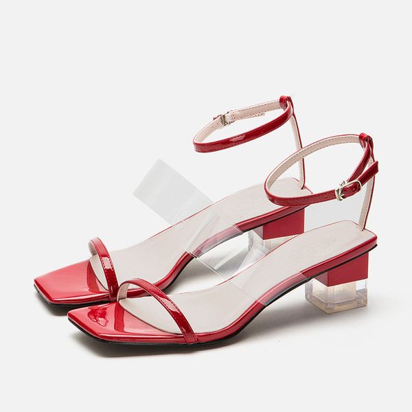 

sandals summer 2021 fashion for women with transparent straps thick heels versatile ankle strap lady, Black