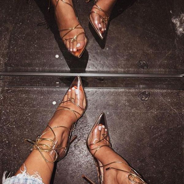 

dress shoes doratasia transparent pvc ankle wrap fashion thin high heels sandals women summer pointed toe, Black