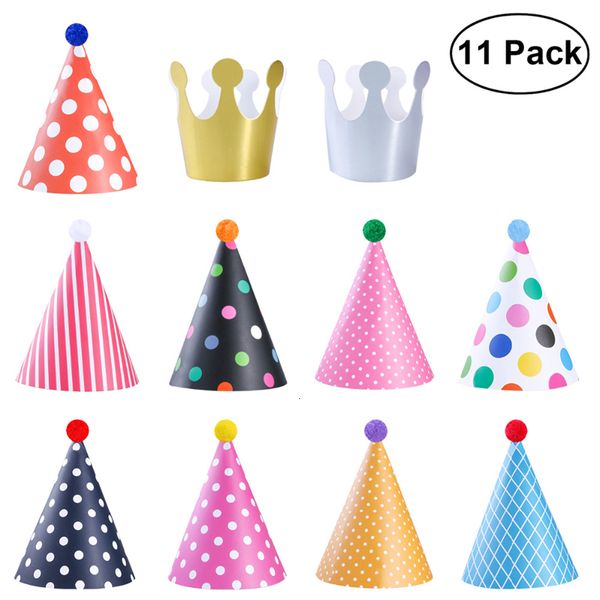 

11 pieces happy birthday party hats polka dot diy cute handmade cap crown shower baby decoration boy girl gifts supplie