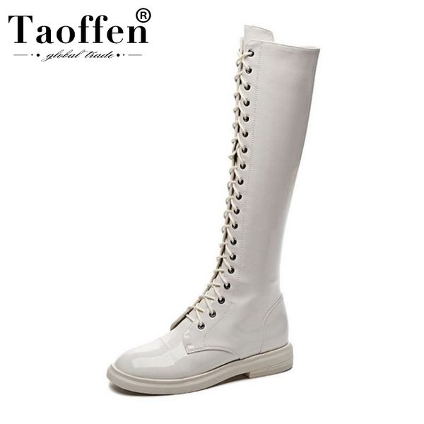 

taoffen женщины из натуральной кожи колено высокие сапоги повседневный flats мотоцикл сапоги на молнии узелок daily рабочая обувь женщины ра, Black