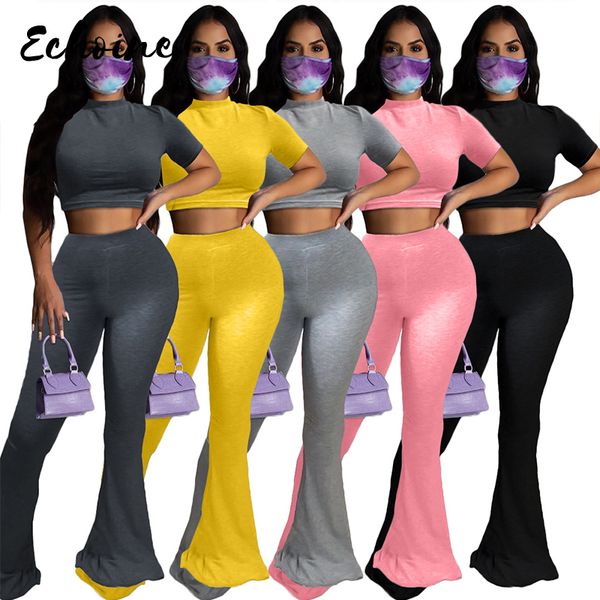

women's tracksuits solid women plus size s-4xl two piece set short sleeve mini tee bellbottoms flare trousers pant suit tracksuit match, Gray