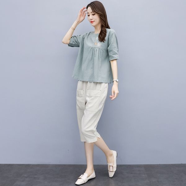 

2020linen шаровары из двух частей хлопка linensuit лета женщин вышитого и linent футболку свободного большого размера вышитых футболки запад, Gray