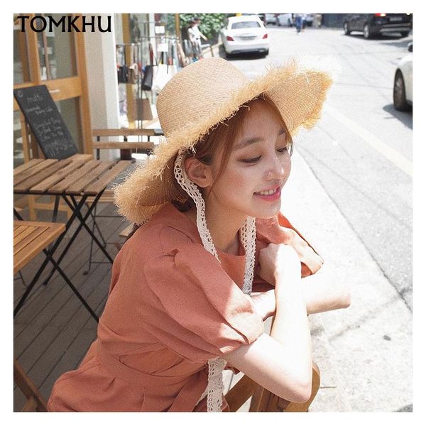 

summer women for holiday beach raffia white lace ribbon caps bow straw hat korean version of the wild temperament hats seaside, Blue;gray