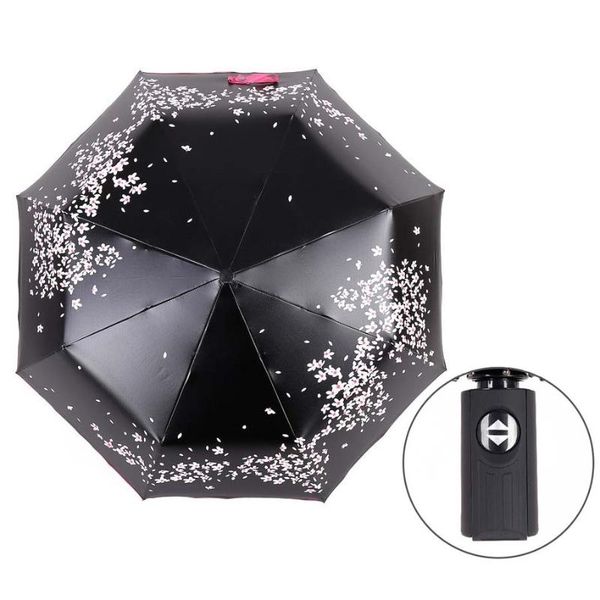 

cherry blossom automatic 3-folding umbrella rain women black coating anti-uv sakura flower print umbrella rain tools sun parasol