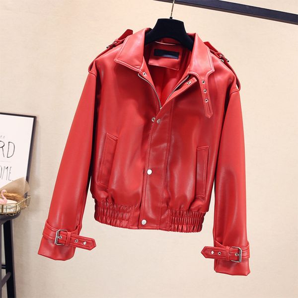 

women's leather & faux fmfssom spring autumn chic big pocket silm epaulet pu jacket outer women lady motobike zipper, Black