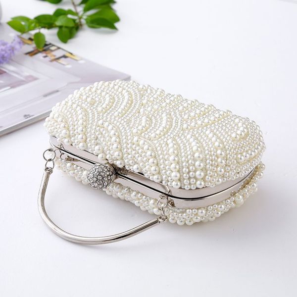 

new oval shaped pearl beaded handbag women white clutch bag elegant chain shoulder handbags wedding bridal purse clutch female