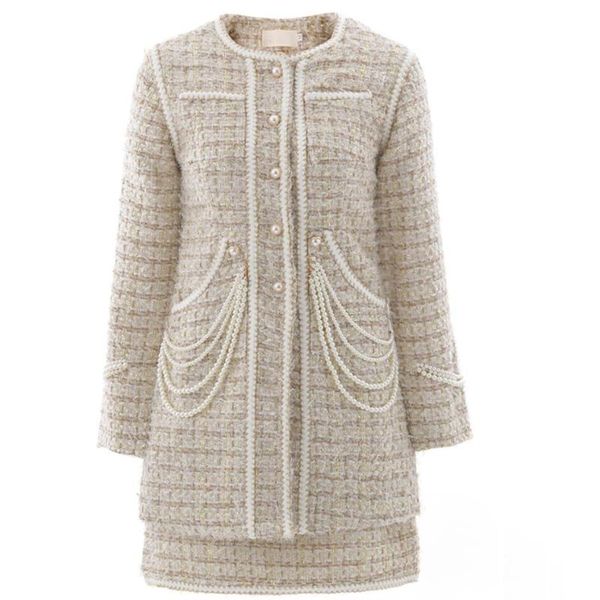 

autumn winter small fragrance gold pearl tweed woolen coat women o-neck slim single breasted overcoat, Black