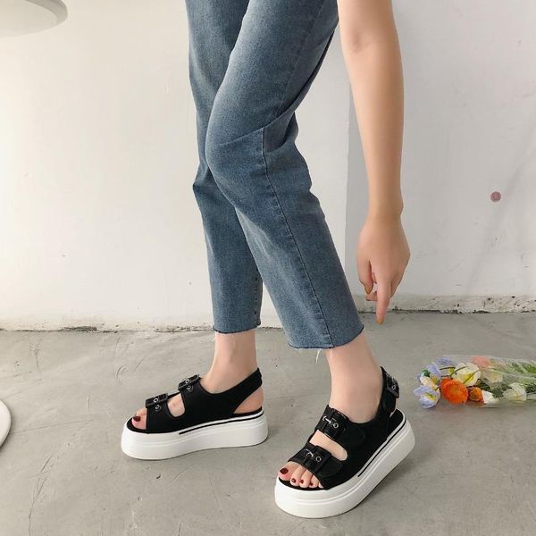 

women 2020 summer new fashion sandals thick bottom platform high-heeled women's muffin bottom mesh open-toe women's shoes, Black