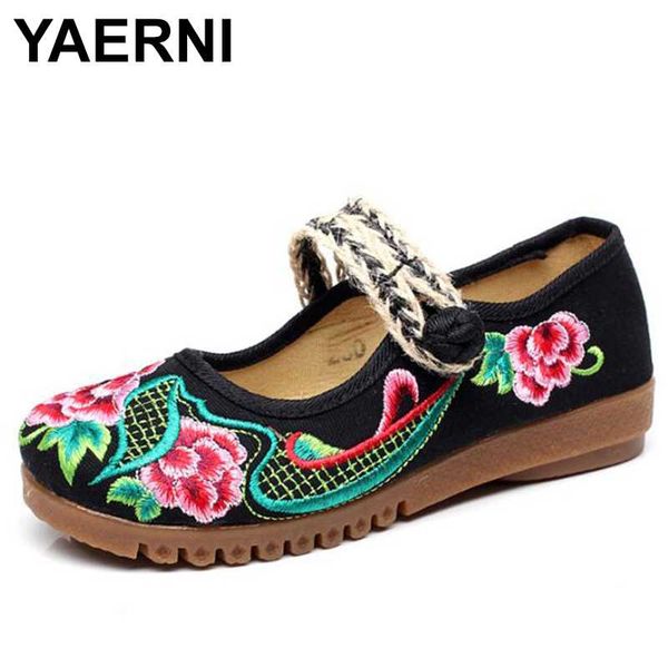 

yaerni exotic chinese retro flower embroidered canvas fabric shoes buckle strap oxford mary janes women's shoes casual platform, Black