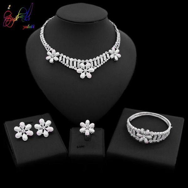 

yulaili fashion african crystal jewelry sets silver color flower necklace earrings bracelet ring nigeria wedding accessories