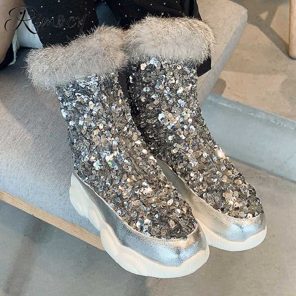 

rimocy fashion womens glitter boots winter fur collar warm plush sequins silver snow boots women zip up soft platform ankle boot, Black