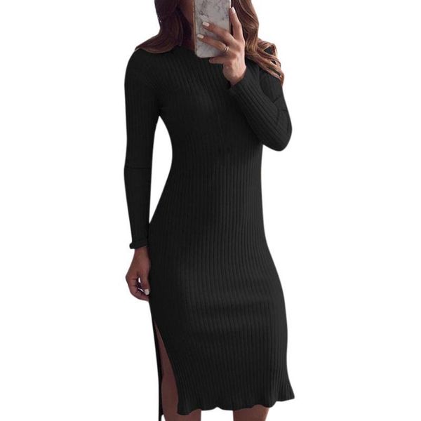 

women autumn winter dress plus size o-neck long sleeve slim slit design knit tights stretch solid color long dress hot, Black;gray