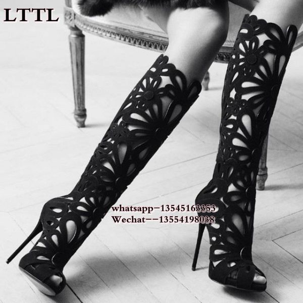 

boots spring summer open toe thin high heels over the knee women stiletto pumps lace up cut out roman gladiator sandals, Black