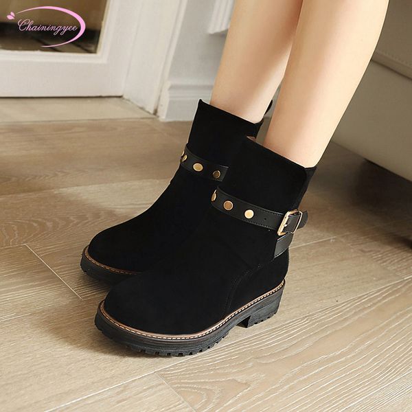 

street style flock round toe ankle boots fashion rivets buckle slip-on medium with thick heel motorcycle boots women's shoes, Black