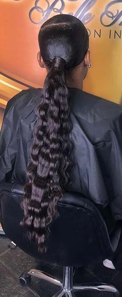 Jet черный Real волосы Длинные гладкий 100% человеческих волос хвостик глубокая волна выдвижение волос женщин шнурок клип в 140г