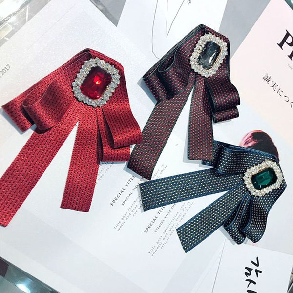 

2020 british retro polka dot ribbon bow tie women shirt collar rhinestone brooch pin, Blue;purple