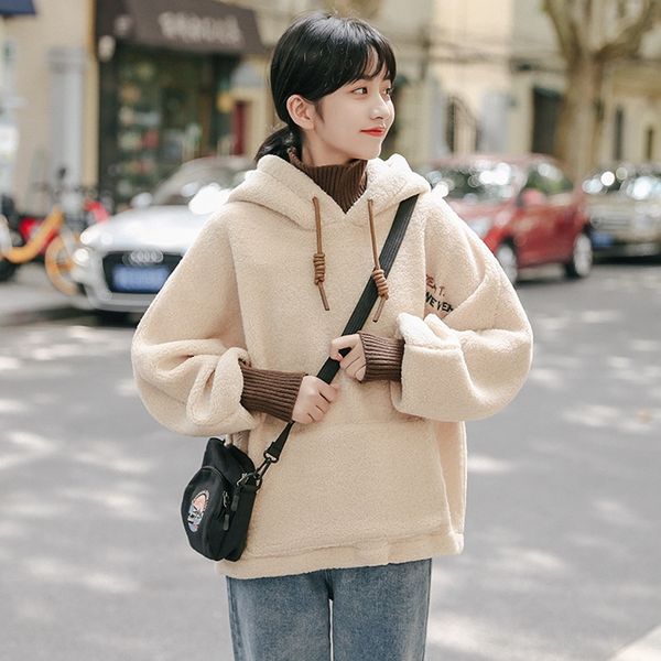 

autumn and winter new korean style letter loose all-match fake two-piece pullover pullovercoat pulloverhooded lamb wool long sleeve pullover, Black