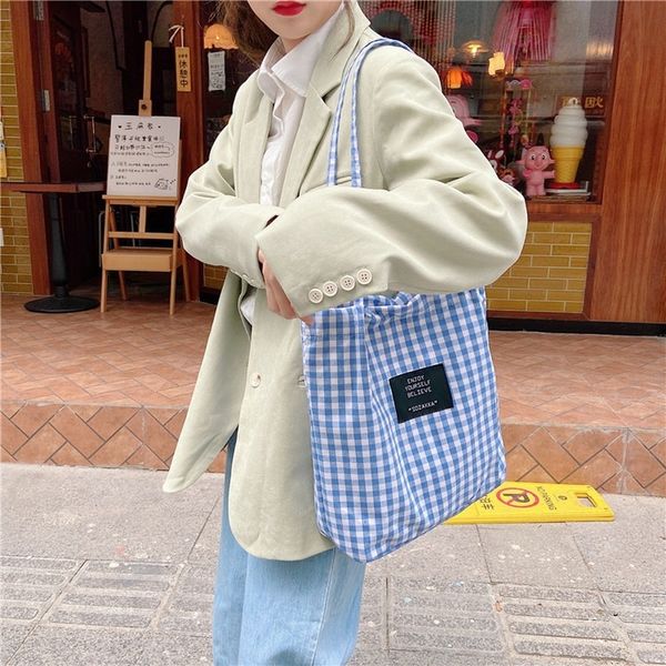 

2020 new female bag small bag fine shoulder check canvas version of the art and art fresh female cloth student canvas