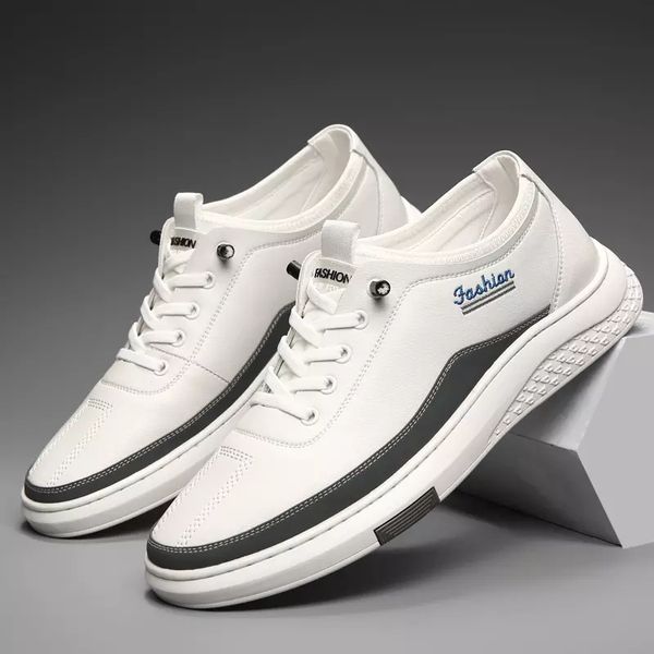 

casual sneakers for men's genuine leather rubber uomo shoes male fashion lace-up colorful trend tenis walk white, Black