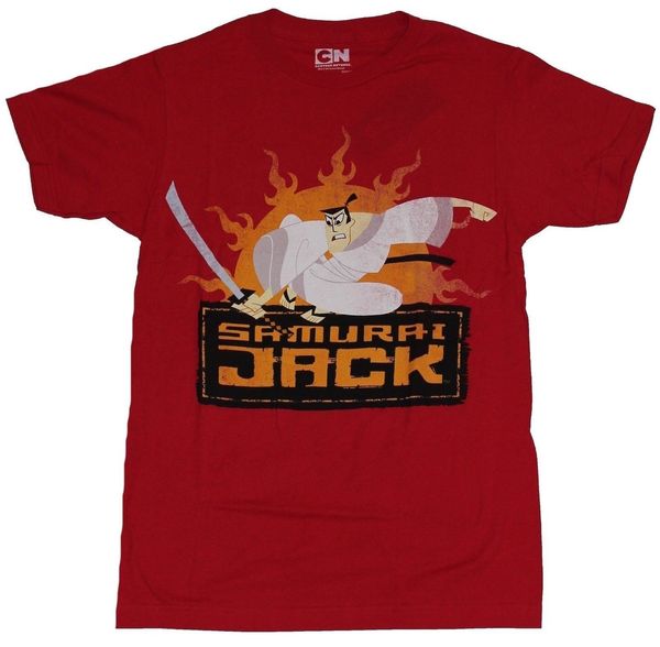 

samurai jack mens t-shirt - distressed charging jack over name logo image cartoon t shirt men new fashion tshirt