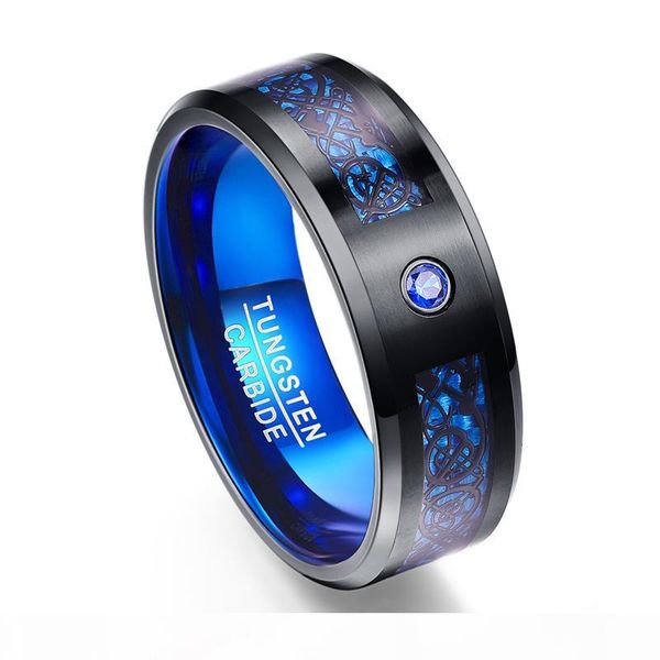 

foreign trade carbon fiber scrub blue zircon men rings 100% tungsten carbide anillos para hombres black dragon, Silver