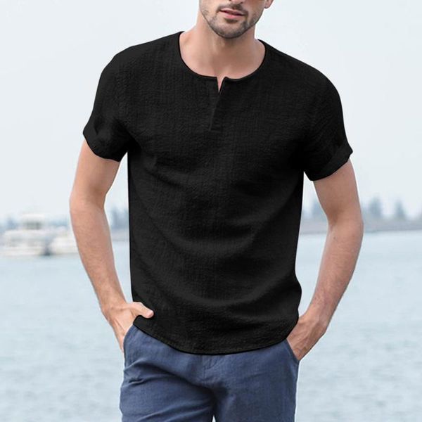 

men's baggy cotton linen solid short sleeve button v-neck retro shirts, White;black