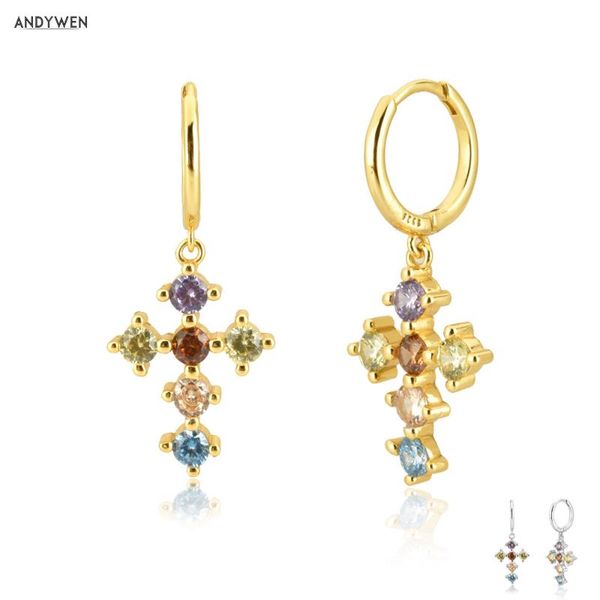

andywen 925 sterling silver gold rainbow cz cross pendiente drop round earring 2020 rock punk trends european circle earring