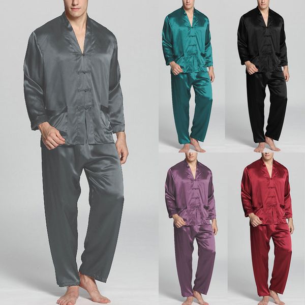

2020 summer men sleep sets men fashion pajamas sets faux silk solid color nightwear long sleeve v neck loose button sleepwear, Black;brown
