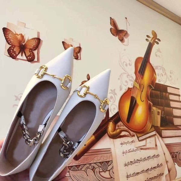

size 35-41 genuine leather metal buckle ballet flats shallow mouth large size fashion women's shoes pointed toe women's shoes, Black
