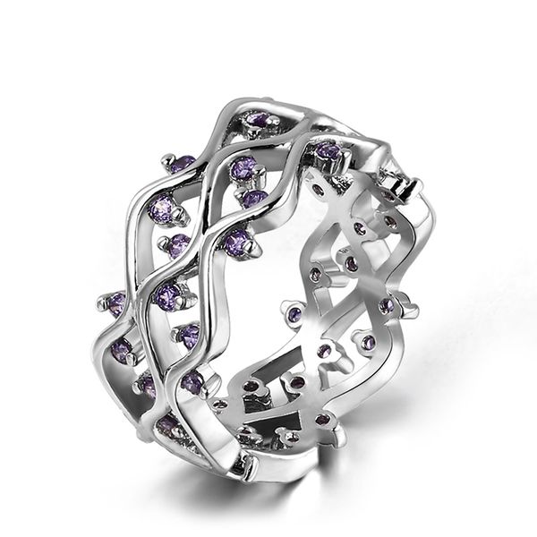 

cluster rings luxury flower for women fashion lady purple crystal ring jewelry elegant female wedding party, Golden;silver