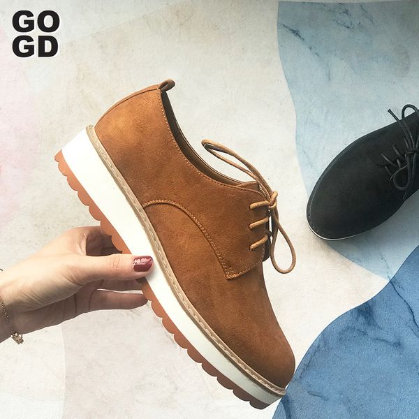 

gogd]spring / autumn 2020 new women's shoes european and american plus size single shoes, lace-up suede shoes flat, Black